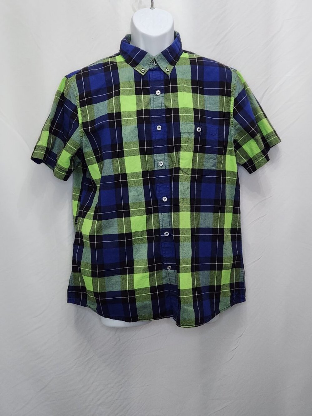 American Eagle Slim Fit Button Up Shirt Mens Large L Blue Plaid Short Sleeve O04